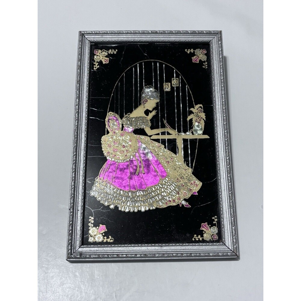 Vintage 1937 Framed Foil Reverse Hand-Painted Silhouette Woman Picture